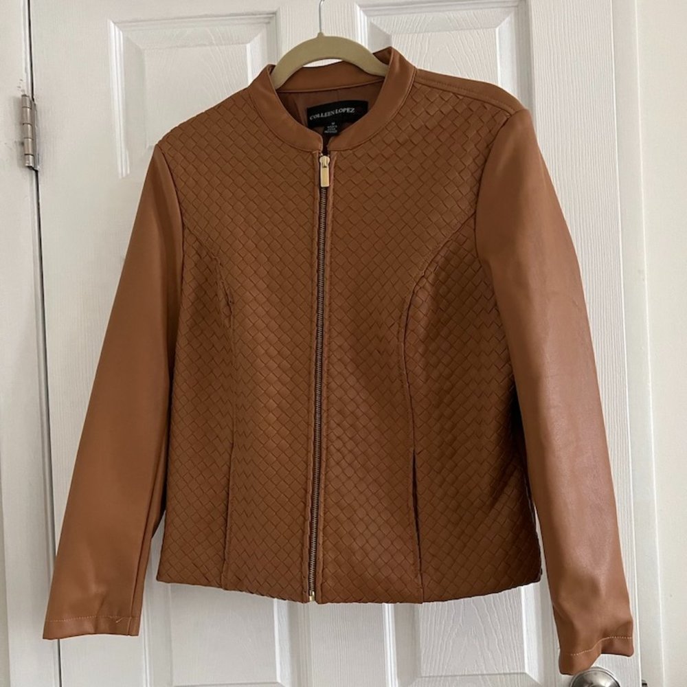 Colleen Lopez Womans Cognac Brown Faux Leather Woven Moto Jacket - Size M